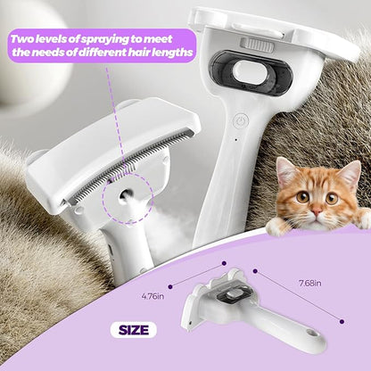 3 in-1 Cat & Dog Steam Comb for Long Short Hair for Any Size Cat & Dog Hair Removal & Shedding, Two Spray Mode with USB, Brush Haired Release Button - Include “2” Waterless Shampoo(White)