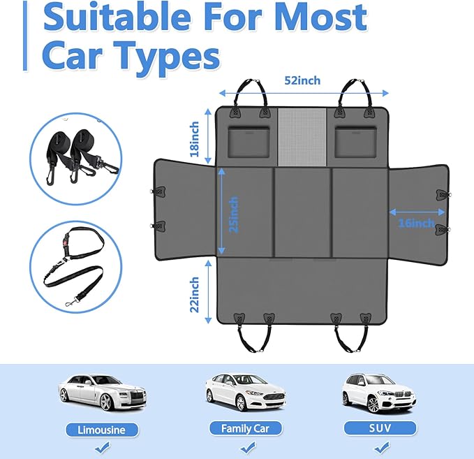 YFChangle Hard Bottom Dog Car Seat Cover for Back Seat – Waterproof Nonslip Hammock Extender for Trucks & SUVs, Heavy Duty Pet Protector, Gray Faux Leather
