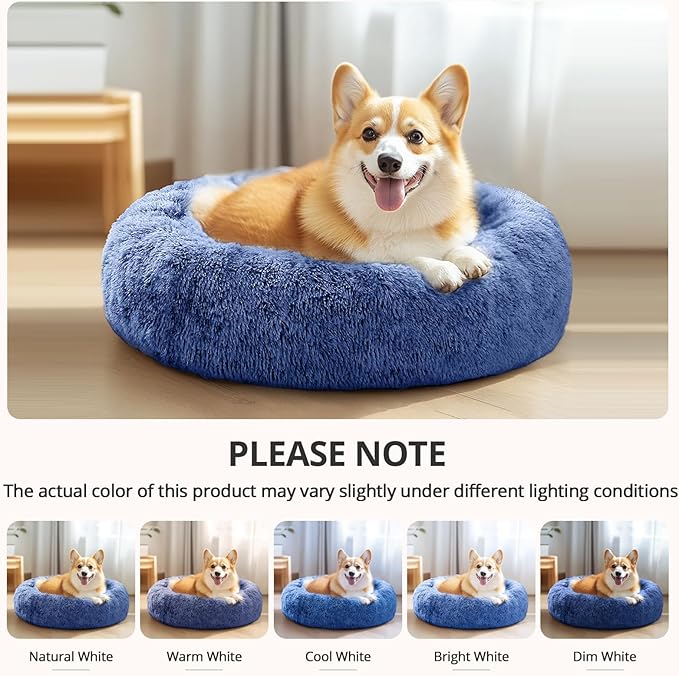 JOLLYVOGUE Calming Dog Bed for Small Dogs - 23 inches Donut Washable Small Dog Bed for Kittens & Puppies, Anti-Slip Round Fluffy Plush Faux Fur Cat Beds (Fits up to 25 lbs Pets, Navy Blue)