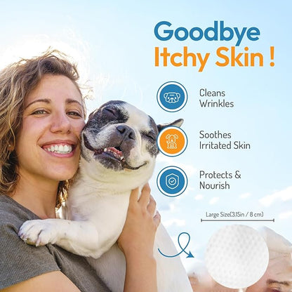 Wrinkle Wipes for Dogs - Soothe & Deodorize with Honeysuckle & Green Tea - Hypoallergenic Dog Wipes for Cleaning Faces, Paws & Butts - 200 Count Textured Wipes