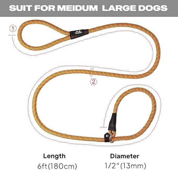 TwoEar 6FT Slip Lead Dog Leash, Heavy Duty Slip Leash for Dogs with Highly Reflective, Strong Rope Slip Leads No Pull Pet Training Leashes for Large Medium Dogs (1/2", Orange)