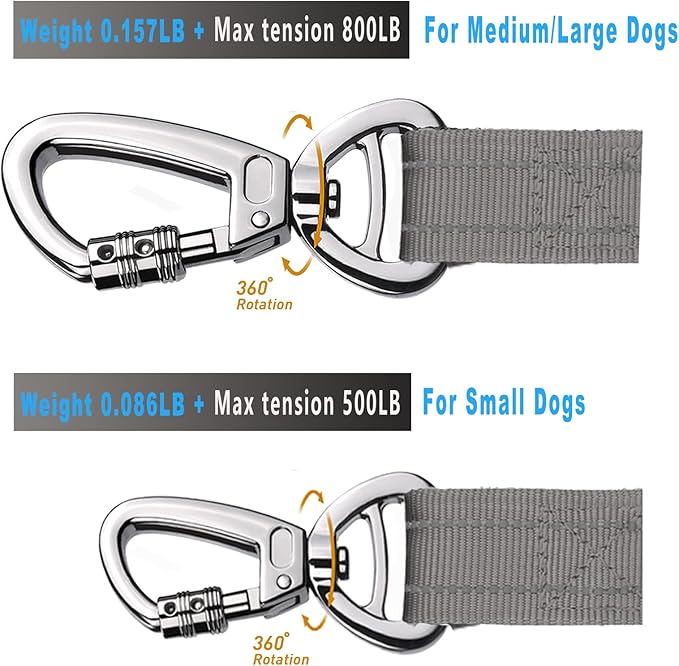 AUBELL Tactical Dog Leash Heavy Duty,4-6ft Reflective Strong No Pull Bungee Leash for Small Dogs with Comfortable Padded Double Handle,Car Seat Belt,360 Degree Rotating Carabiner,Grey