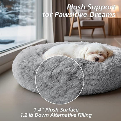 JOLLYVOGUE Calming Dog Bed Medium Size Dog, Anti-Anxiety Donut Medium Dog Bed, 31 inches Fluffy Faux Fur Cushion Bed for Dogs and Cats, Fits up to 45 lbs Pets (Smoke Grey)