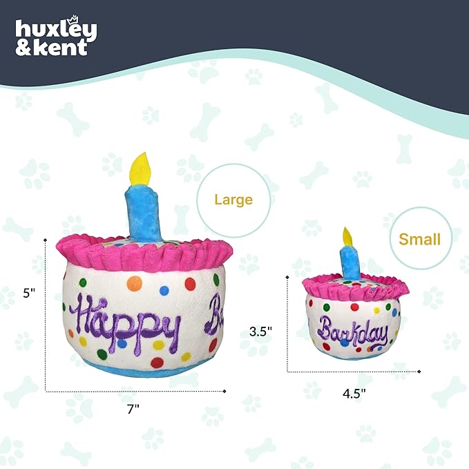 Huxley & Kent Funny Dog Toy w/Squeaker – Power Plush Squeaky Dog Toys for Small, Medium & Large Dogs – Soft Stuffed Animal for Indoor Play & Fetch - Happy Barkday Cake, Large