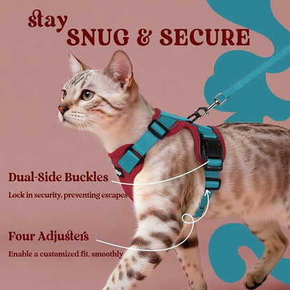 rabbitgoo Cat Harness and Leash for Walking, Escape Proof Soft Adjustable Vest Harnesses for Cats, Easy Control Breathable Reflective Strips Jacket, Red & Teal, M
