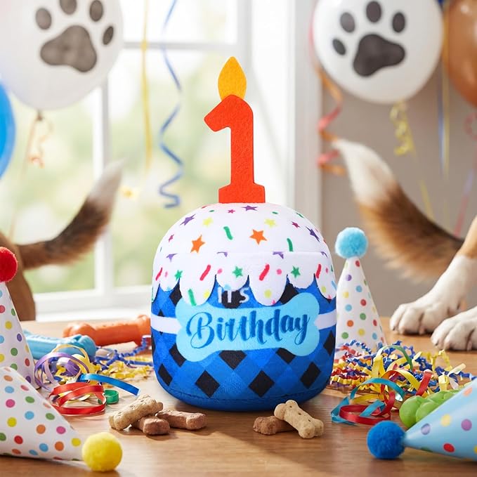 Dog 1st Birthday Cake Toy Accessories for Girl Boy Gifts, Blue Grid Squeaky Plush Toy for Dog Birthday Party Decor Favor for Large, Medium and Small Dogs