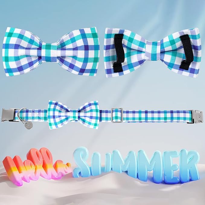 UP URARA PUP Dog Collar Bow Tie, Comfortable Durable Cotton Bowtie Collar for Medium Girl Boy Dog, Adorable Dog Collar with Metal Buckle, Blue Grid Gift Collar, M