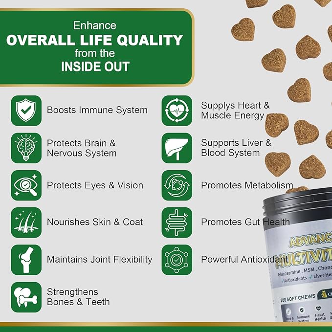 Advanced 24-in-1 Multivitamin Chews for Dogs - 200 Soft Chewable All-in-One Vitamin Support Supplement for Dog Joints, Gut Health, Skin & Coat with Omega-3, Probiotics & 12 Essential Vitamins