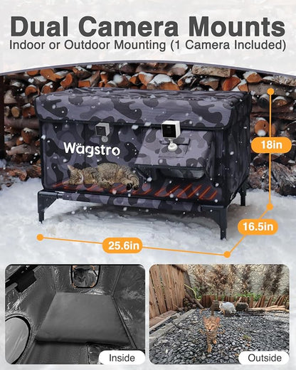 Wagstro Heated Cat House for Outside with Smart Pet Camera, Highly Elevated with Escape Door, Insulated Waterproof Outdoor Cat House Shelter for Feral Stray Barn Cat (Camo Black, 25.6"x16.5"x18.5")
