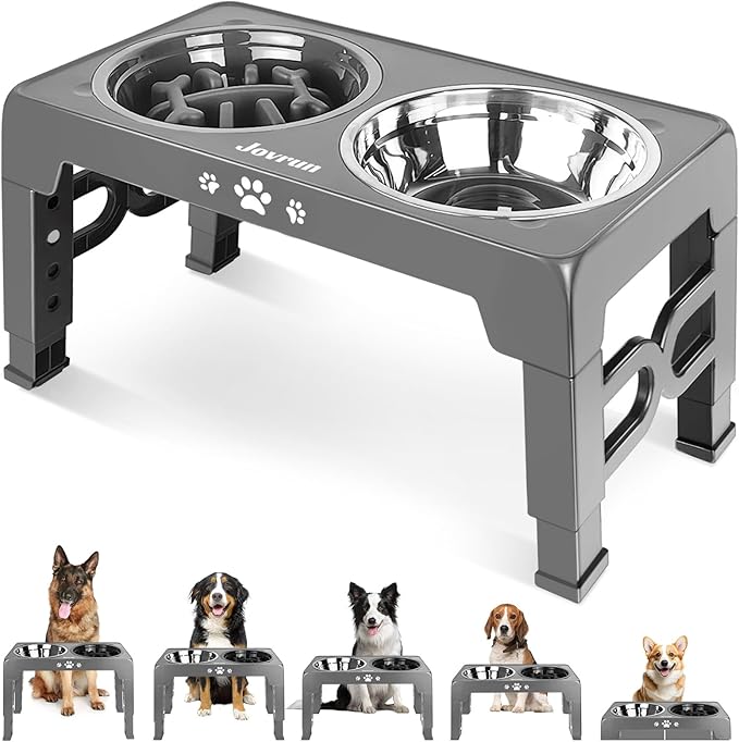 Elevated Dog Bowls, Dog Feeder with 1*Stainless Steel Dishes & 1*Slow Feeder Bowl, 5 Heights Adjustable Raised Stand for Medium Large, Food Dishes with Non-Slip Feet