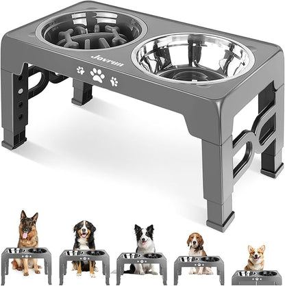 Elevated Dog Bowls, Dog Feeder with 1*Stainless Steel Dishes & 1*Slow Feeder Bowl, 5 Heights Adjustable Raised Stand for Medium Large, Food Dishes with Non-Slip Feet