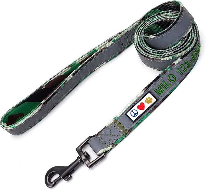 Pawtitas Personalized Camo Green Dog Leash 6 ft Custom ID Lead for Dogs & Puppies Reflective Comfortable Padded Handle Embroidered Name & Phone Number
