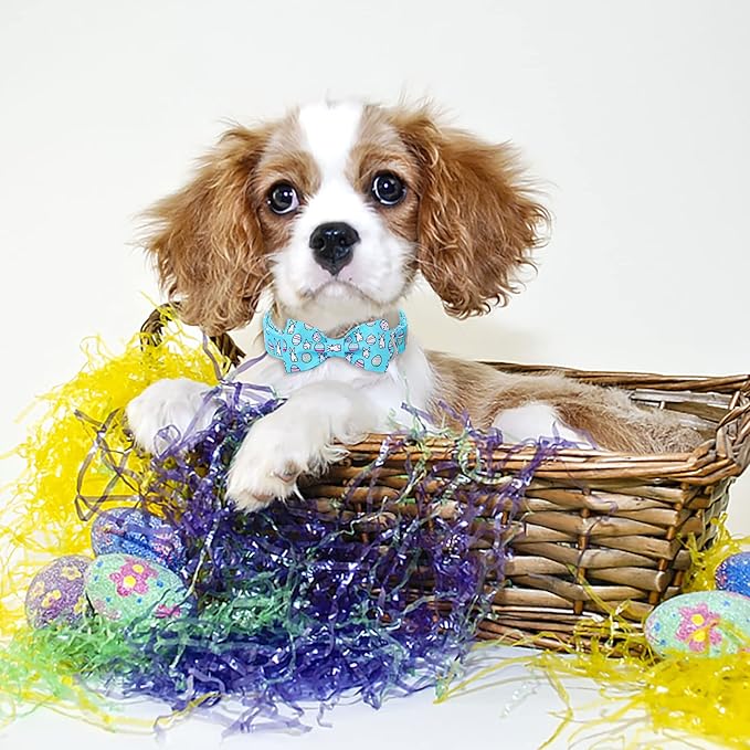 Easter Dog Collar with Bow Tie - Adjustable Easter Bunny Eggs Dog Collar Blue Rabbit Bowtie Metal Buckle Puppy Collars for Small Medium Large Dogs XS