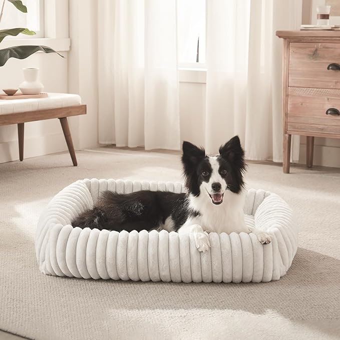 FURTIME Dog Bed for Small Dogs, Washable Orthopedic Dog Bed with Removable Cover, Rectangle Soft Calming Sleeping Puppy Bed Durable Pet Cuddler with Anti-Slip Bottom, Cream, S (20"x19"x6")