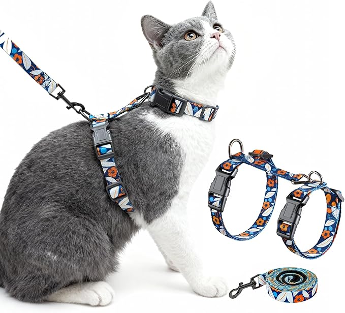 Halypet Cat Harness and Leash Set, Escape Proof 3-in-1 Adjustable Harness for Cats & Kitten, Soft Lightweight, Easy On & Control for Walking, Travel & Outdoor Use, Navy Floral, Medium