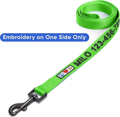 Pawtitas Personalized 6 ft Green Dog Leash XS/S Custom Name and Phone Embroidery Strong Nylon Leash for Small Breeds