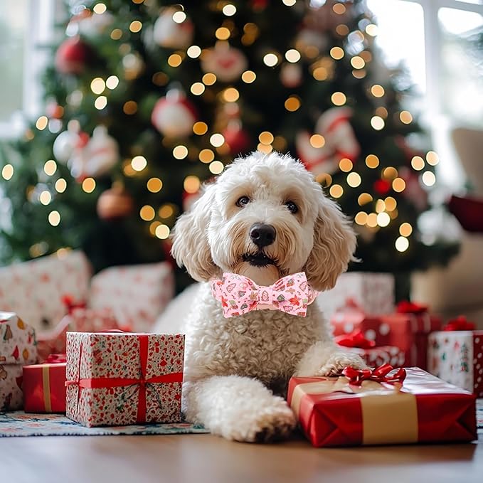 Christmas Dog Collar with Bow Tie - Sweet Chsiatmas Festival Pattern Pink Puppy Collar, Adjustable Metal Buckle Winter Bowtie Dog Collars for Small Medium Large Dogs M