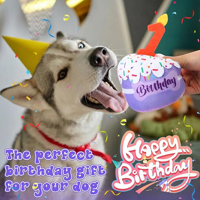 Dog 1st Birthday Cake Toy Accessories for Girl Boy Gifts, Purple Squeaky Plush Toy for Dog Birthday Party Decor Favor for Large, Medium and Small Dogs