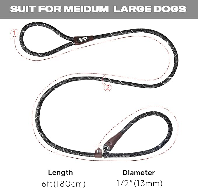 TwoEar 6FT Slip Lead Dog Leash, Heavy Duty Slip Leash for Dogs with Highly Reflective, Strong Rope Slip Leads No Pull Pet Training Leashes for Large Medium Dogs (1/2", Black)