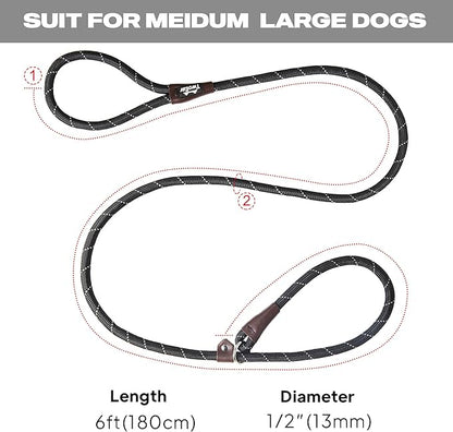 TwoEar 6FT Slip Lead Dog Leash, Heavy Duty Slip Leash for Dogs with Highly Reflective, Strong Rope Slip Leads No Pull Pet Training Leashes for Large Medium Dogs (1/2", Black)