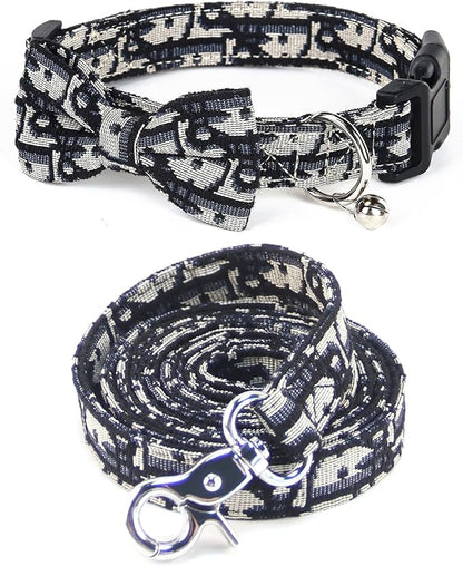 Bowtie Collars for Small Dogs, Elegant Puppy Collars with Leash Set, Tiny Dog Collars with Bowtie Adjustable 9.8"-13.8", Black, S