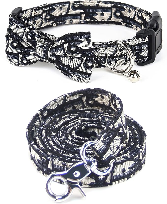 Bowtie Collars for Medium Dogs, Elegant Collars with Leash Set, Dog Collars with Bowtie Adjustable 13.8"-17.7", Black, M