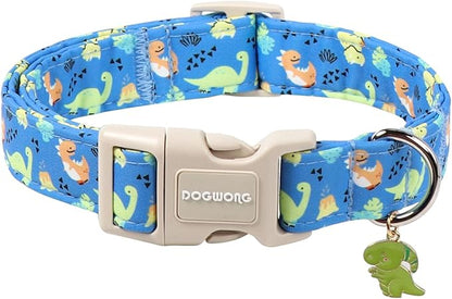 DOGWONG Blue Dog Collar Adjustable Soft Natural Fabric Boy Pet Dog Collar Cute Dinosaur Dog Collars for Small Medium Large Dogs