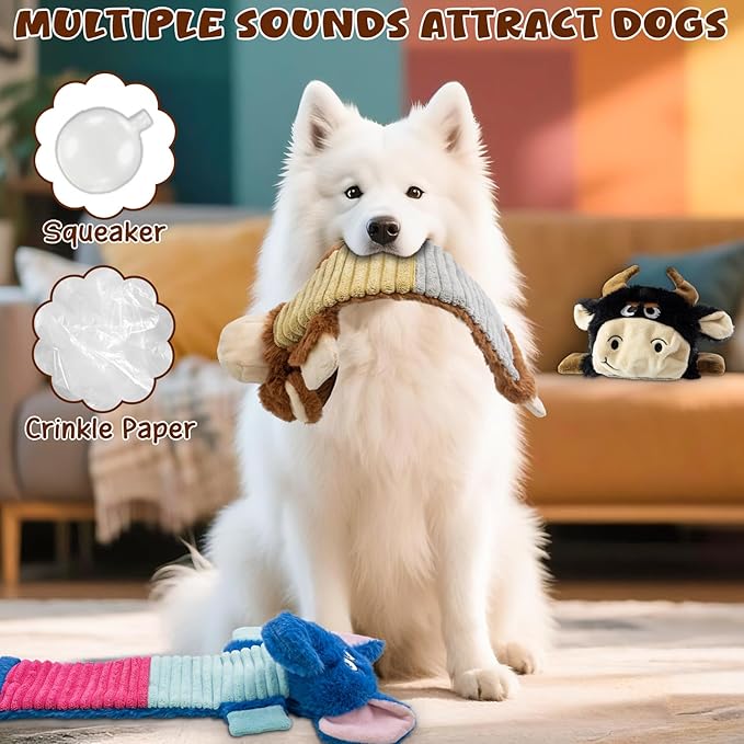 MeetYooo 3 Pack No Stuffing Dog Squeaky Toys, Dog Chew Toys with Crinkle and Squeaker, Cute Animal PlushToys to Keep Them Busy, Suitable for Large, Medium and Small Breeds （Elephant&Monkey&Cattle