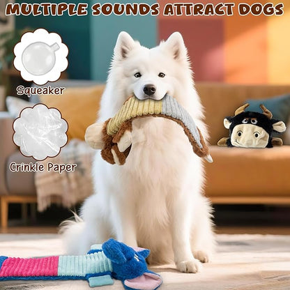 MeetYooo 3 Pack No Stuffing Dog Squeaky Toys, Dog Chew Toys with Crinkle and Squeaker, Cute Animal PlushToys to Keep Them Busy, Suitable for Large, Medium and Small Breeds （Elephant&Monkey&Cattle