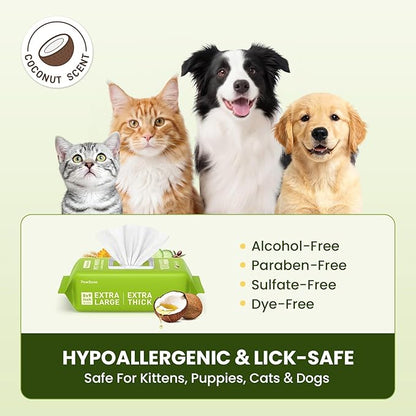 Hypoallergenic Pet Wipes for Dogs & Cats – Quick Clean & Deodorize Paws, Butt, Eyes, Ears, Face & Fur | Daily Grooming After Walks and Between Baths | Extra Large & Thick | Coconut Scented, 400 Count