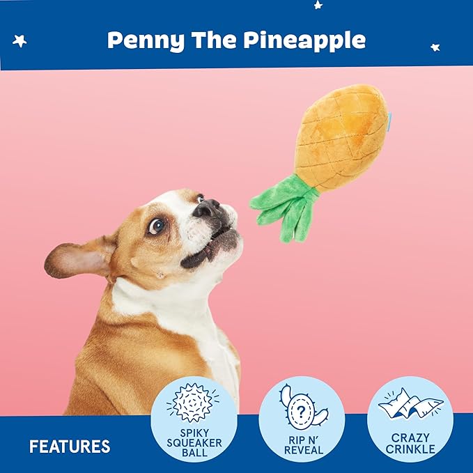 Bark Dog Toy Penny The Pineapple 2 in 1 Squeaky Plush Toy For Dogs, Rip & Reveal, Spiky Ball Core