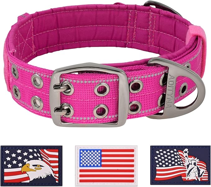 ADITYNA Heavy Duty Dog Collar for Medium Dogs - Reflective Magenta Collar with Handle for Training, and Walking - Wide, Thick, Tactical, Soft Neoprene Padded
