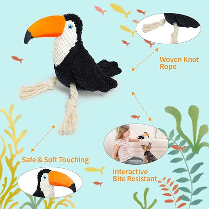 4-Pack Squeaky Dog Toys for Aggressive Chewers Durable Rope Tug Stuffed Plush Dog Puppy Toys for Small Medium Large Breed Flamingo, Parrot, Toucan, Owl Puppy Chew Toys Set Holiday Birthday Dog Gift