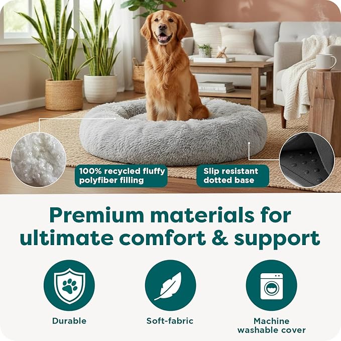 Furhaven 30" Round Calming Donut Dog Bed for Medium/Small Dogs, Refillable w/ Removable Washable Cover, Up to 45 lbs - Shaggy Plush Long Faux Fur Donut Bed -Mist Gray, Medium,30.0"L x 30.0"W x 10.0"Th