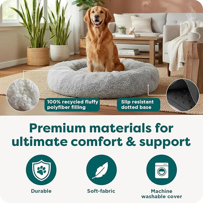 Furhaven 30" Round Calming Donut Dog Bed for Medium/Small Dogs, Refillable w/ Removable Washable Cover, Up to 45 lbs - Shaggy Plush Long Faux Fur Donut Bed -Mist Gray, Medium,30.0"L x 30.0"W x 10.0"Th