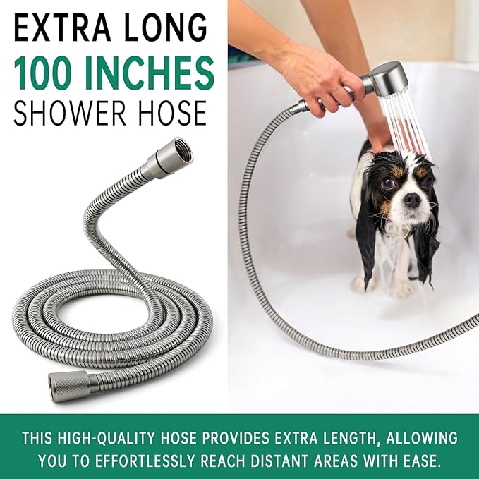 3 Mode Dog Shower Attachment, High Pressure Handheld Sprayer with ON/OFF Switch, G1/2" Metal Shower Diverter, 100 Inches Stainless Steel Hose, No Drill Hook, for Indoor Pet Bathing and Washing