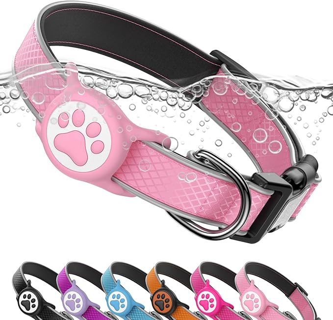 Reflective Dog Collar with Waterproof Air tagholder & Anti-Lost QR Code | Ultra-Durable | Soft Padded | Safety Locking Buckle | Fit Large Dogs (Neon Pink L(15.7"-23.6"))