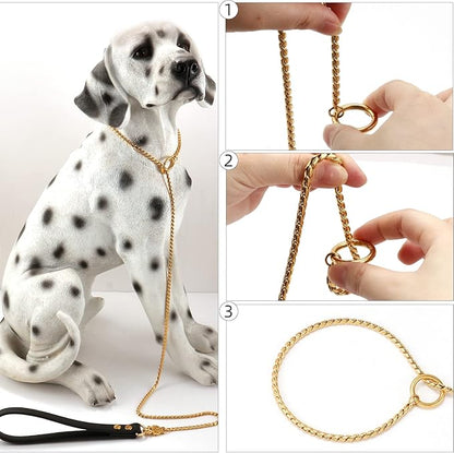 CaptainSteeL Stainless Steel Dog Leash and Collar, 3ft/4ft, 5mm 1m/1.2m Metal, Leather Handle