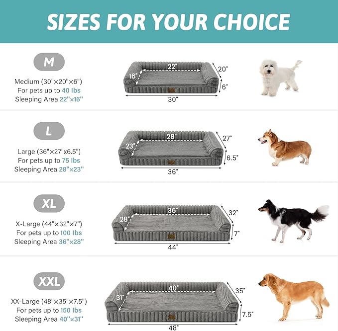 COZY KISS Cute Dog Bed for Large Dogs, Faux Rabbit Fur Orthopedic Foam Dog Bed with Sides, Removable Washable Cover & Waterproof Lining, Comfortable Pet Couch, Grey (44" L x 32" W x 7" Th)