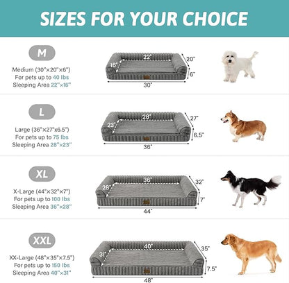 COZY KISS Cute Dog Bed for Large Dogs, Faux Rabbit Fur Orthopedic Foam Dog Bed with Sides, Removable Washable Cover & Waterproof Lining, Comfortable Pet Couch, Grey (44" L x 32" W x 7" Th)