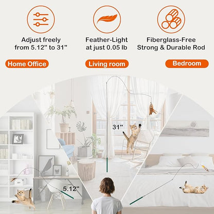 Catisfy Cat Wand Toy – Retractable Wand with 4 Feather Toy Refills for Indoor Cat Enrichment, Interactive Toy for Bored Adult Cats and High-Energy Kittens (FlutterFlick Series)