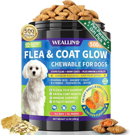 Flea and Tick Prevention for Dogs, Dog Flea Treatment with Skin & Coat Support 500 Crunchy & Krill Chews Dog Flea and Tick Treatment Chewable for Immunity & Energy for All Breeds & Ages Chicken Flavor