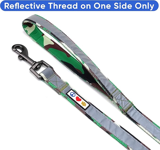 Pawtitas Camo Green Dog Leash 6 ft Custom ID Lead for Dogs & Puppies Reflective Comfortable Padded Handle Embroidered Name & Phone Number