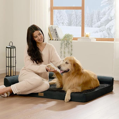 COZY KISS Orthopedic Dog Bed for Large Size Dog, XL Dogs Crate Bed, L Shaped Foam Anti-Slip Bottom Pet Cat Sofa with Washable Removable Cover, Suitable for Pet Up to 100 lbs, 44x32x7 inch, Black