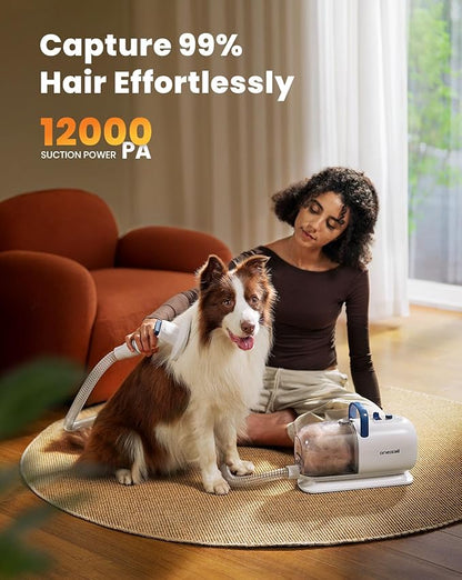 oneisall Dog Vacuum & Dryer for Shedding Grooming, 8 in 1 Dog Grooming Kit with Metal Blade Pet Clippers, Adjustable Speed and Temperature Control Blower
