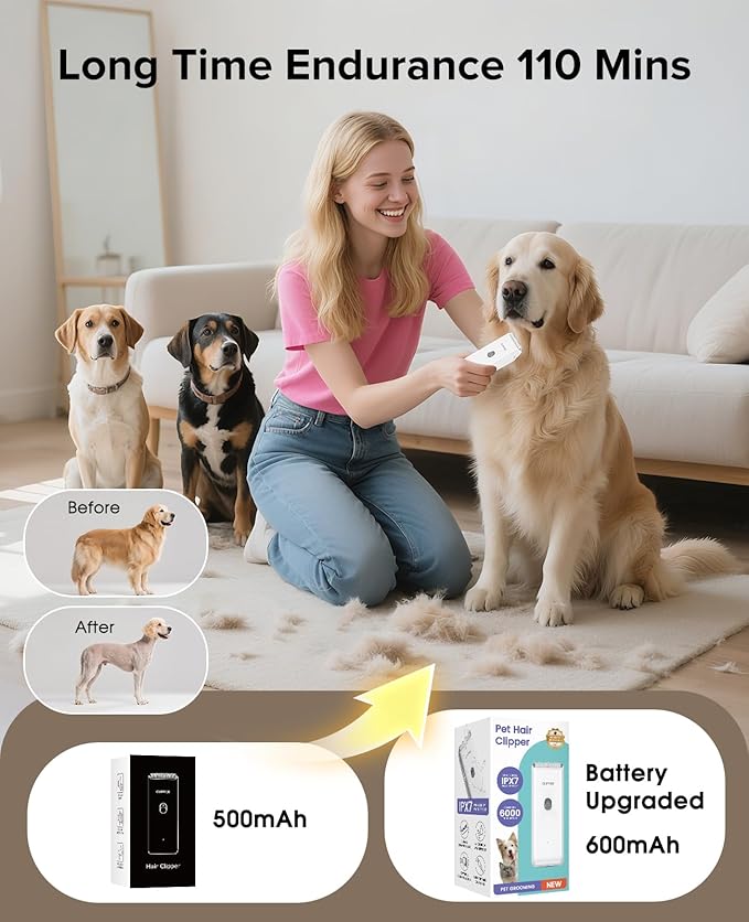 Tawiijou Pet Clippers for Dog Hair Grooming Low Noise, Rechargeable Cordless Cat Shaver with Ceramic Blade,Portable Pet Hair Trimmer for Matted & Long Hair