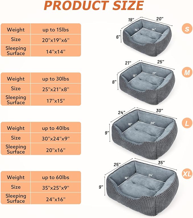 MIXJOY Dog Bed for Large Medium Small Dogs, Rectangle Washable Sleeping Puppy Bed, Orthopedic Pet Sofa Bed, Soft Calming Cat Beds for Indoor Cats, Anti-Slip Bottom with Multiple Size (30-Large, Grey)