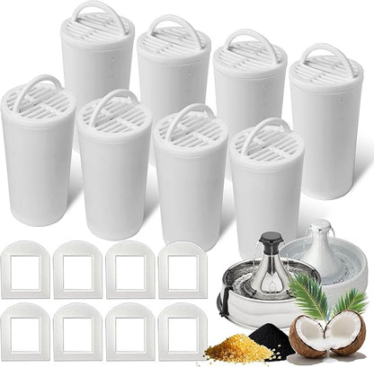 TOGGATH 8+8 Pack Premium Cat and Dog Water Fountain Charcoal Filters Compatible with PetSafe Drinkwell 360 Multi-Pet Stainless Steel & Plastic Pet Fountains(128oz/3.8L) with Replacement Foam Filter