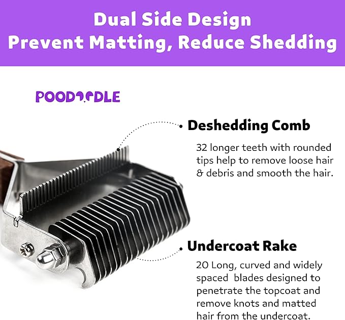 Poodoodle 2 in 1 Dogs Cats Dematting Grooming Comb, Perfect Deshedding Undercoat Rake for Poodle & Goldendoodle, Efficiently Detangling Shedding Loose Hair & Matted Fur, All Long Haired Pet (Dark)