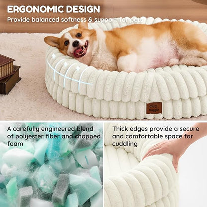 Dog Bed Large Sized Dog - Luxury Striped Faux Fur Waterproof Pet Couch with Removable Washable Cover, Orthopedic Pet Bed with Bolster Sides for Sleeping, Cream